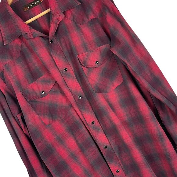 ROPER Mens L Red Plaid Long Sleeve Pearl Snap Western Cowboy Rodeo Classic Shirt - Picture 1 of 6